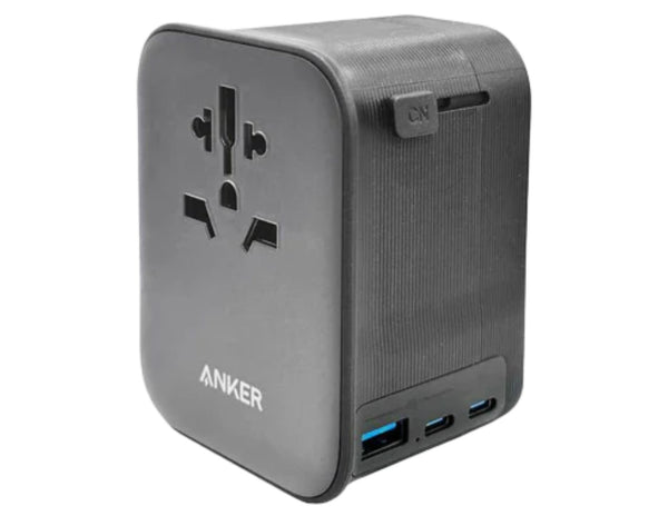 Anker travel adapter with multiple ports on a white background