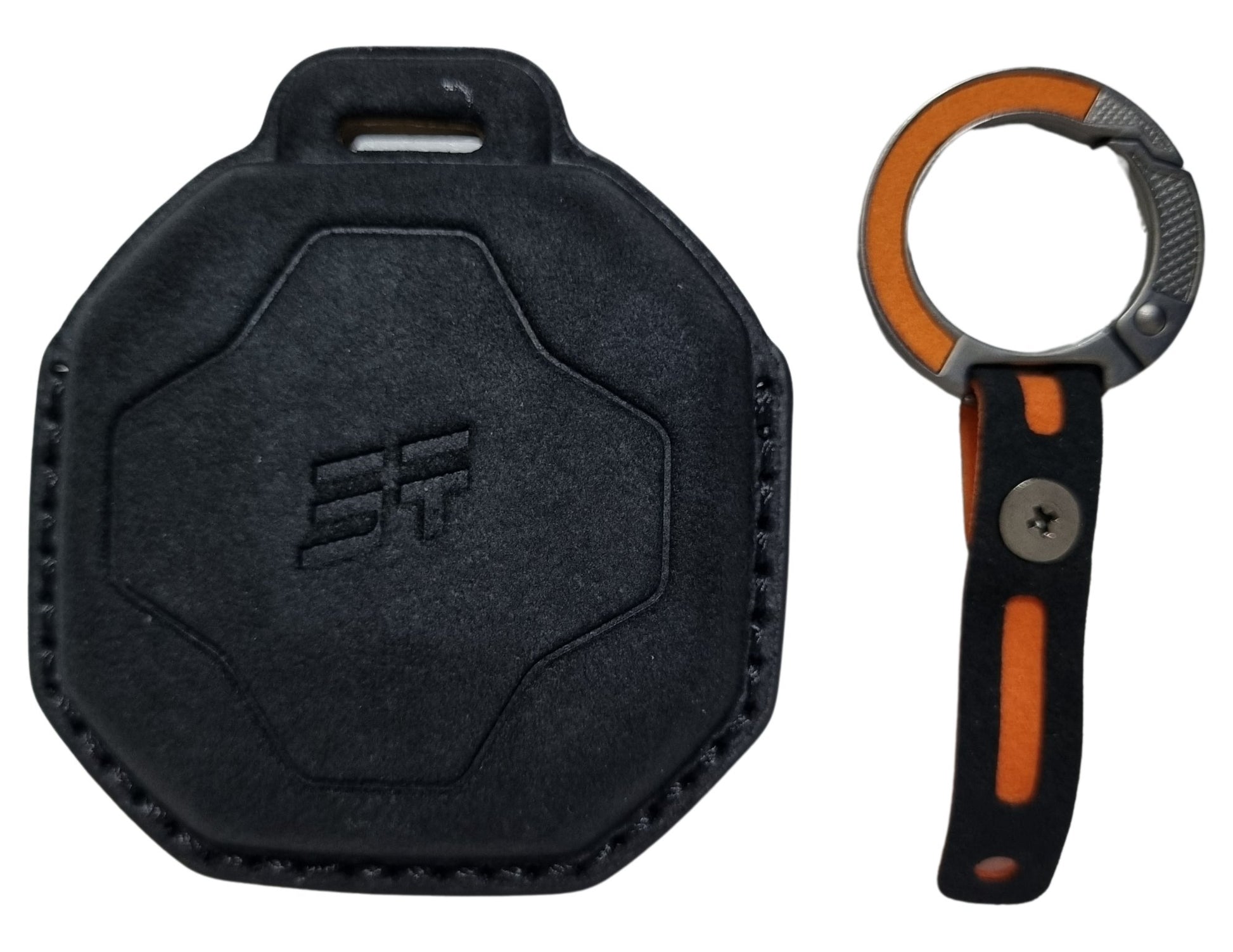 Jetour T2 Car Key Cover – Alcantara / Leather Finish a logo and orange-handled keychain tool on a white background