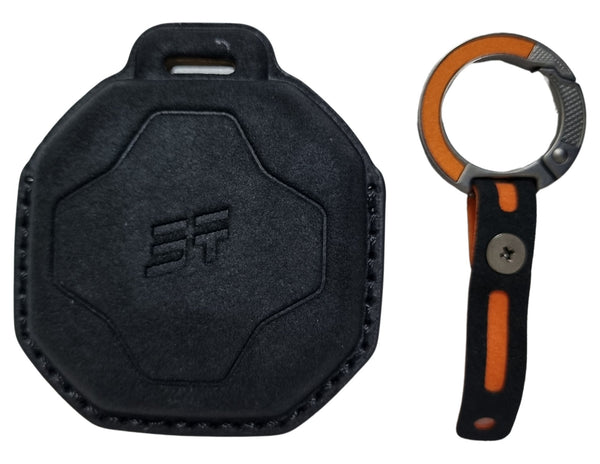 Jetour T2 Car Key Cover – Alcantara / Leather Finish a logo and orange-handled keychain tool on a white background