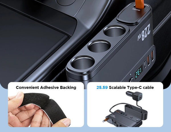 Car cup holder with multiple outlets and charging ports, featuring adhesive backing and cable information.
