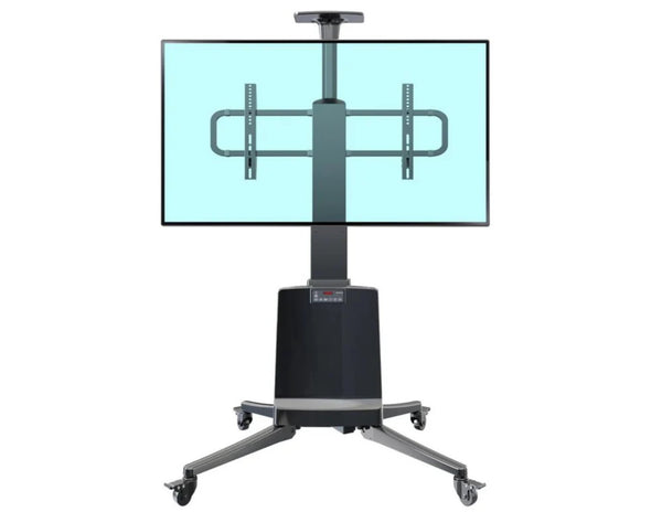 Black mobile stand with a screen displaying a trombone illustration on a white background
