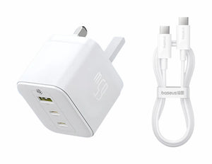 White power adapter with multiple outlets and USB ports, and a white cable with 'baseus' branding on a white background.