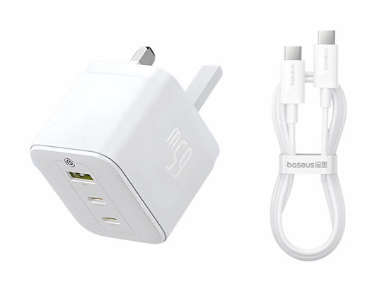 Baseus Palm 65W Fast Charger 2C+U UK Moon White + 100W Type-C to Type-C Cable (P1011160D213-01)