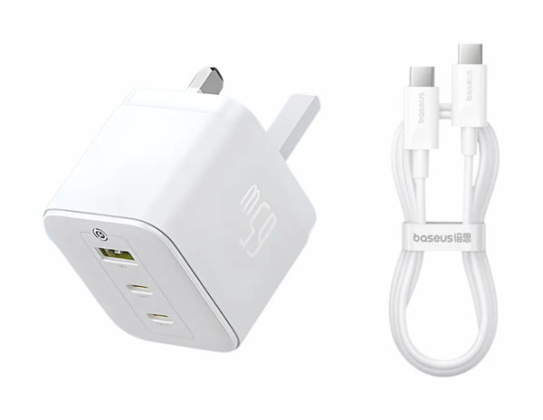 White power adapter with multiple outlets and USB ports, and a white cable with 'baseus' branding on a white background.