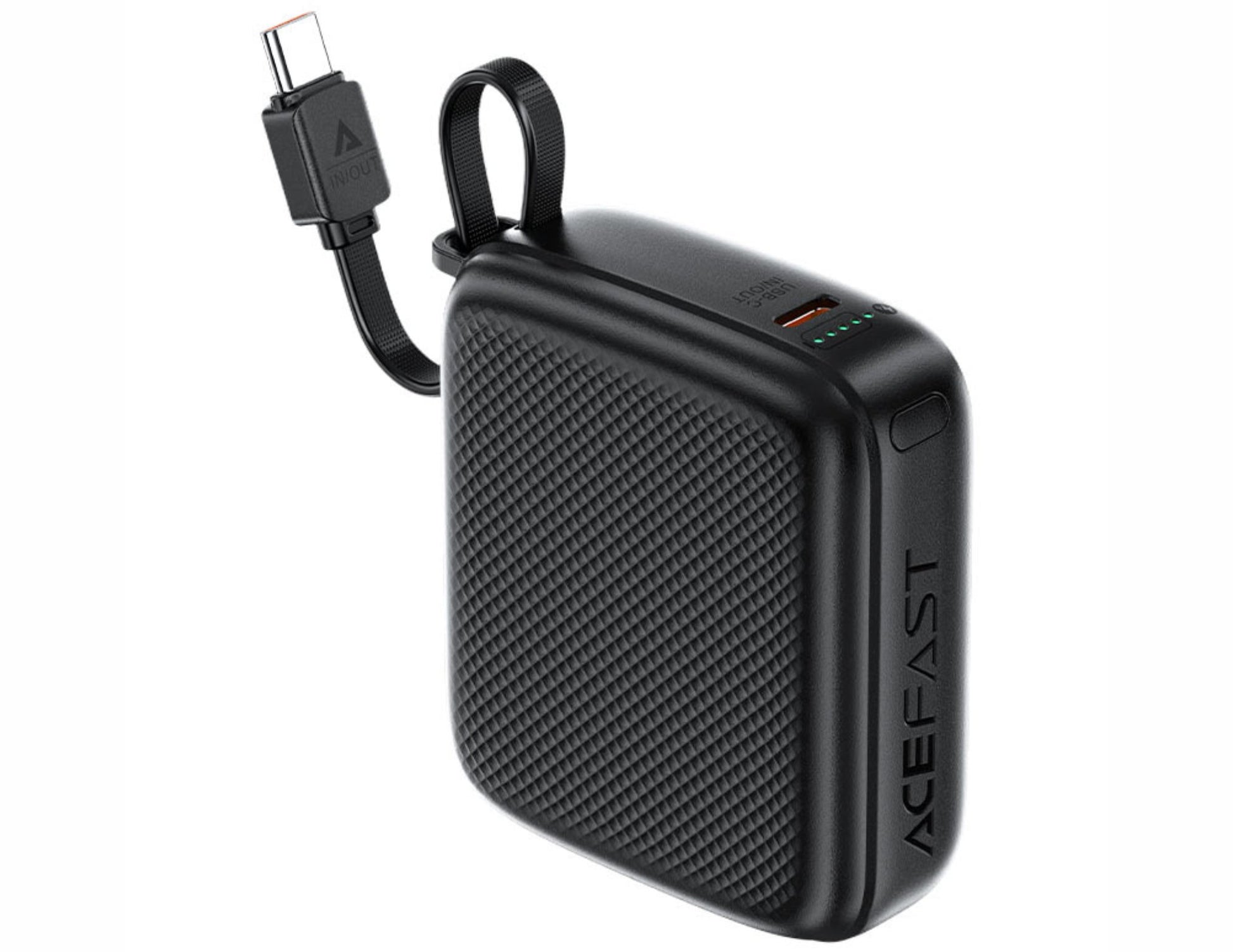 Black power bank with USB-C cable on a white background