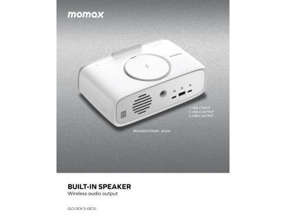 White Momax Q.Clock5 Digital Alarm Clock with Wireless Charging – QC5W with 'momax' branding on a gray background