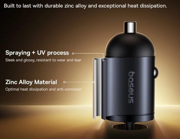 Black car charger with text highlighting durable zinc alloy and heat dissipation on a dark background
