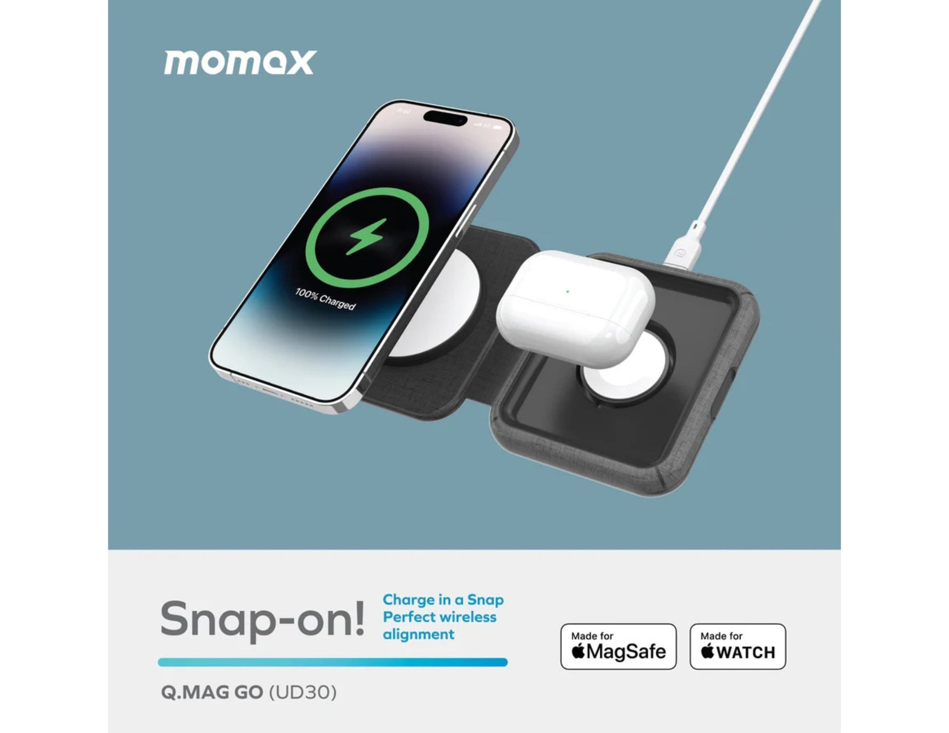 Momax Q.Mag Go 2‑in‑1 MagSafe Wireless Charger 20W – UD30MFIE with phone and AirPods on a blue background