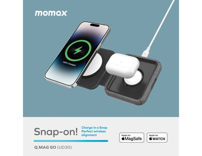 Momax Q.Mag Go 2‑in‑1 MagSafe Wireless Charger 20W – UD30MFIE with phone and AirPods on a blue background