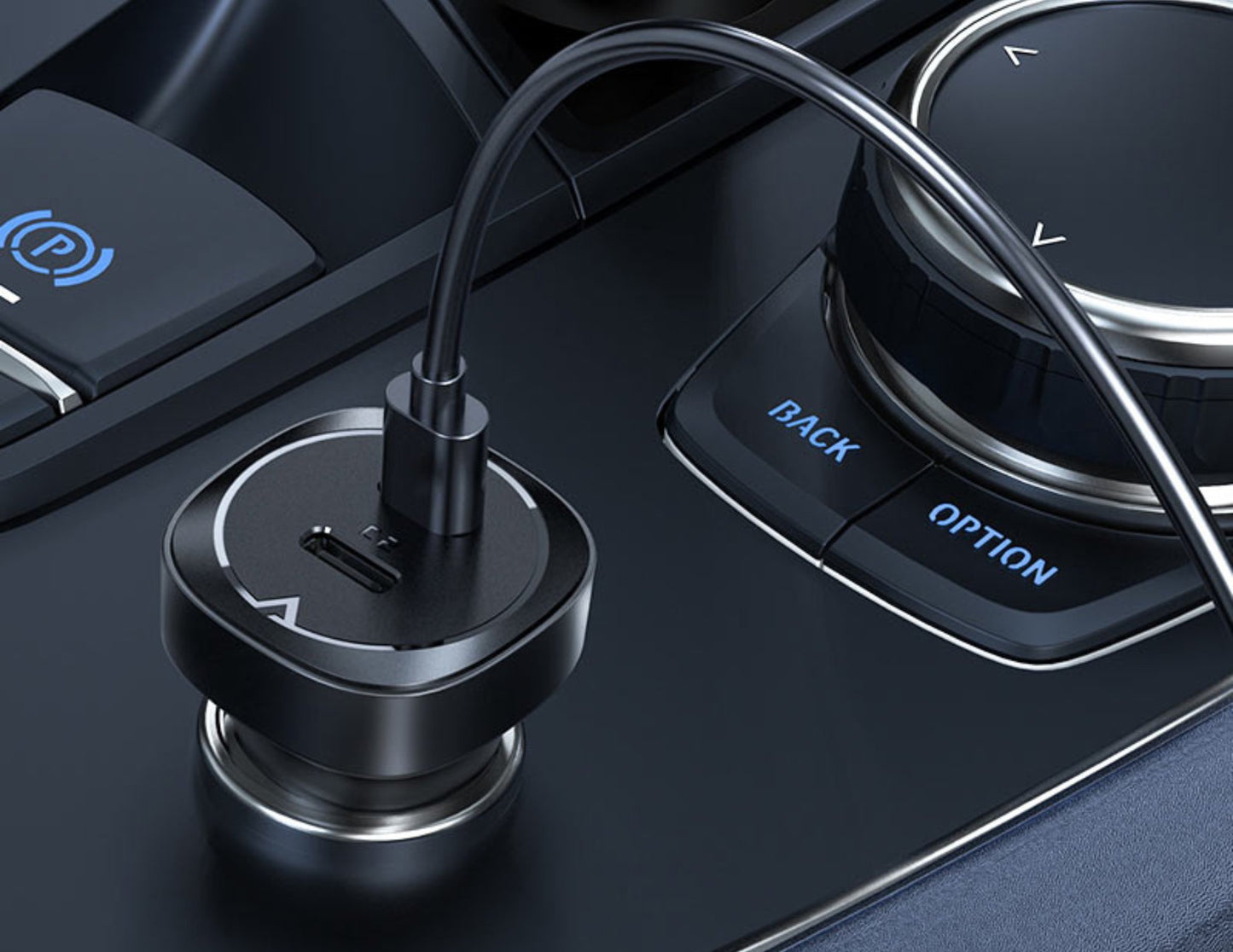 Car dashboard with a USB car charger plugged into a power outlet