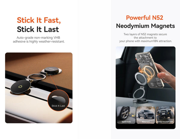 Product advertisement for adhesive and magnetic phone holders with text highlighting features.