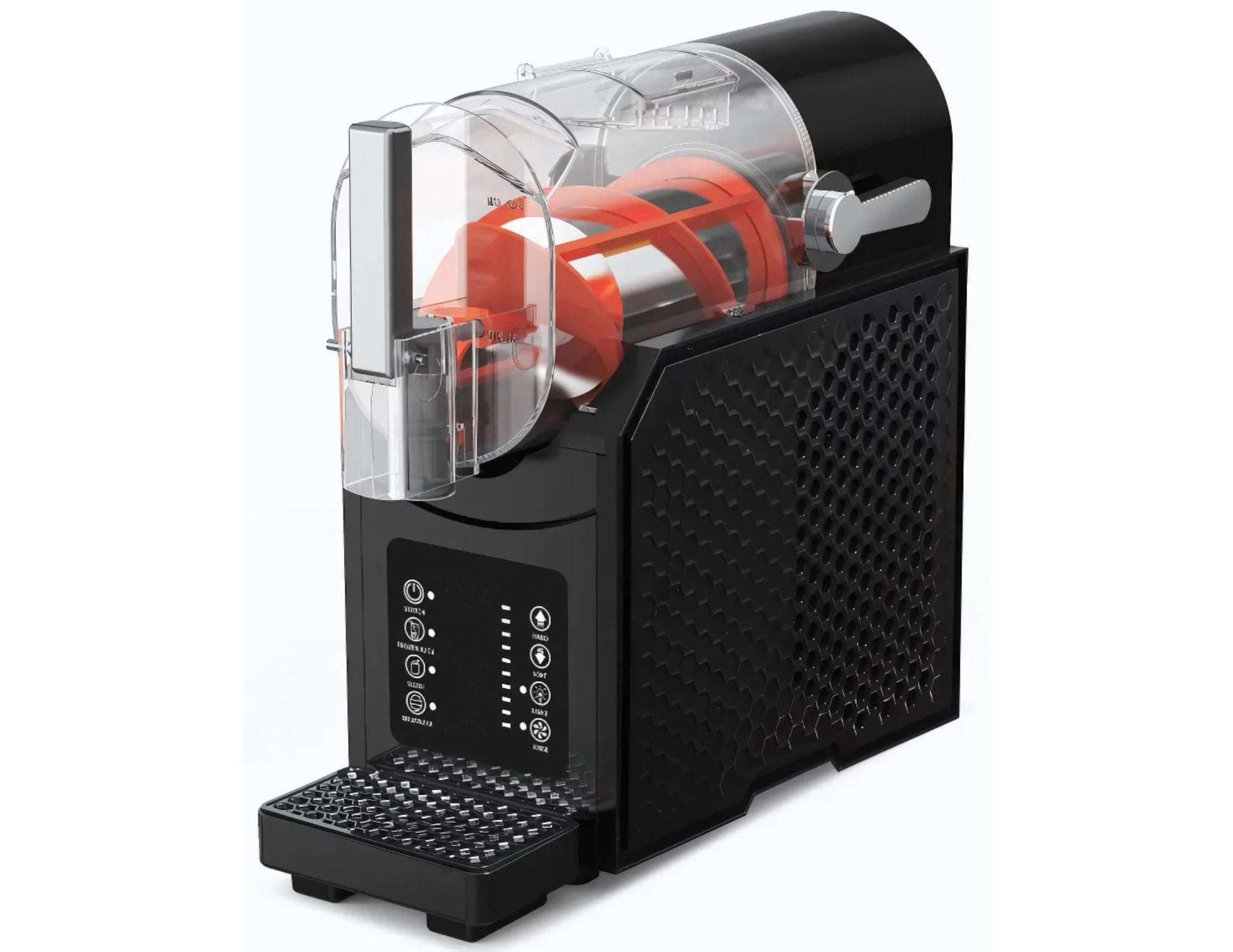 Black slush machine with clear container on a white background