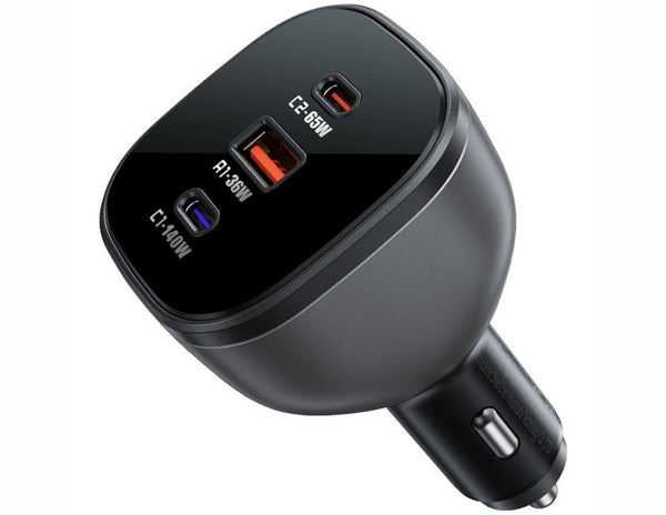 Black car charger with multiple ports on a white background