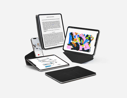Multiple electronic devices including a tablet, smartphone, and e-reader with Moft Dynamic Folio Case for iPad Pro 12.9 (4–6th Gen) / iPad Air 13 (M2, M3) on a white background