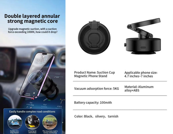 Suction cup magnetic phone stand with product details on a blurred car interior background