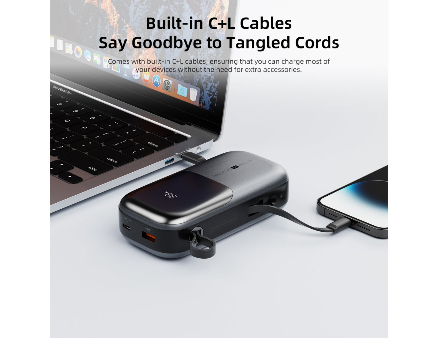 Vyvylabs Power Lite Digital Display Power Bank 20000mAh 65W with C+L Fast Charging Cable – VBQ08-TN connected to a laptop and phone with text about built-in C+L cables.