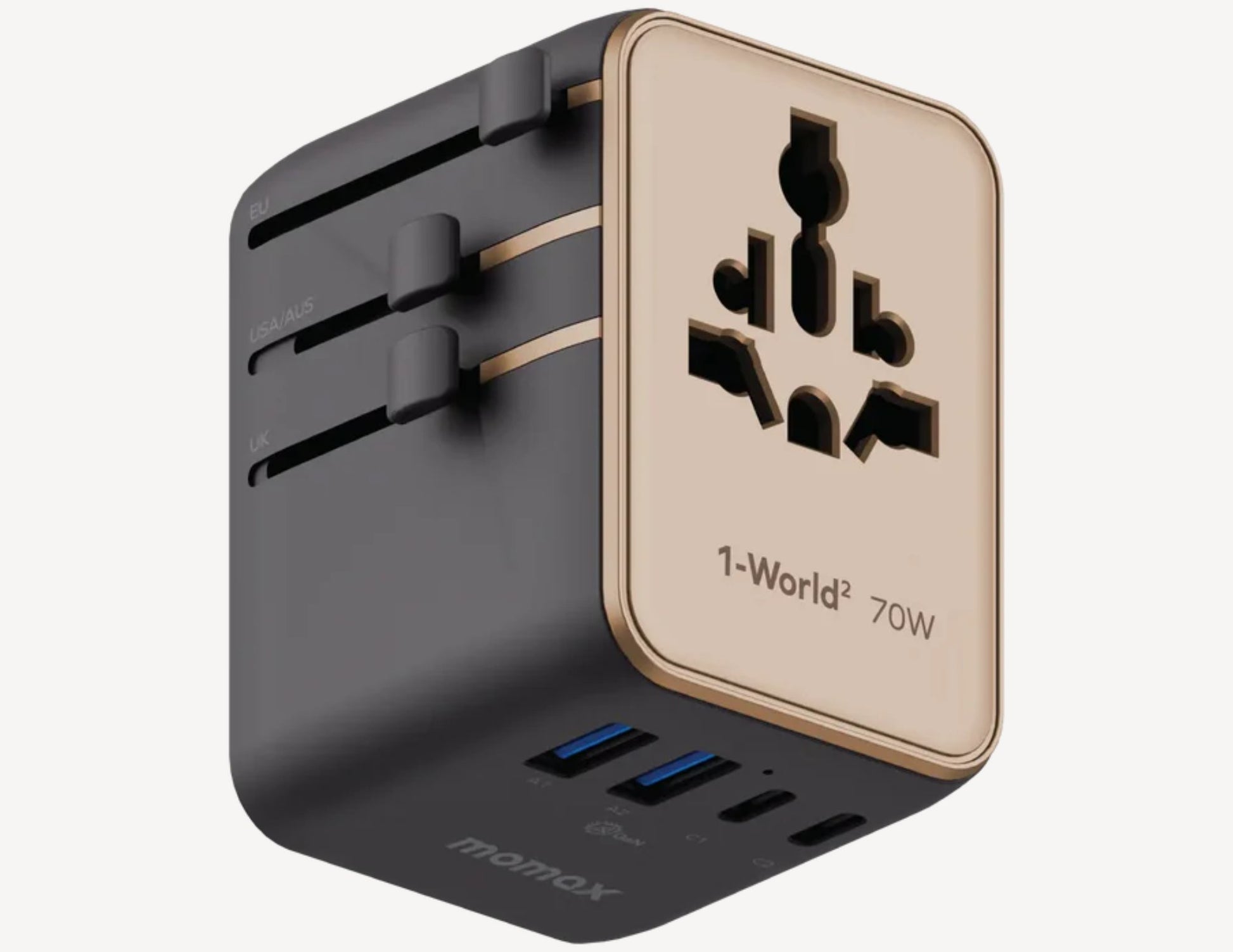 Momax 1‑World² 5‑Port Mini Universal Travel GaN Charger 70W with Dual AC – UA22L2 on a white background