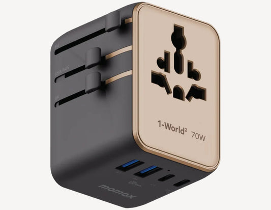 Momax 1‑World² 5‑Port Mini Universal Travel GaN Charger 70W with Dual AC – UA22L2 on a white background