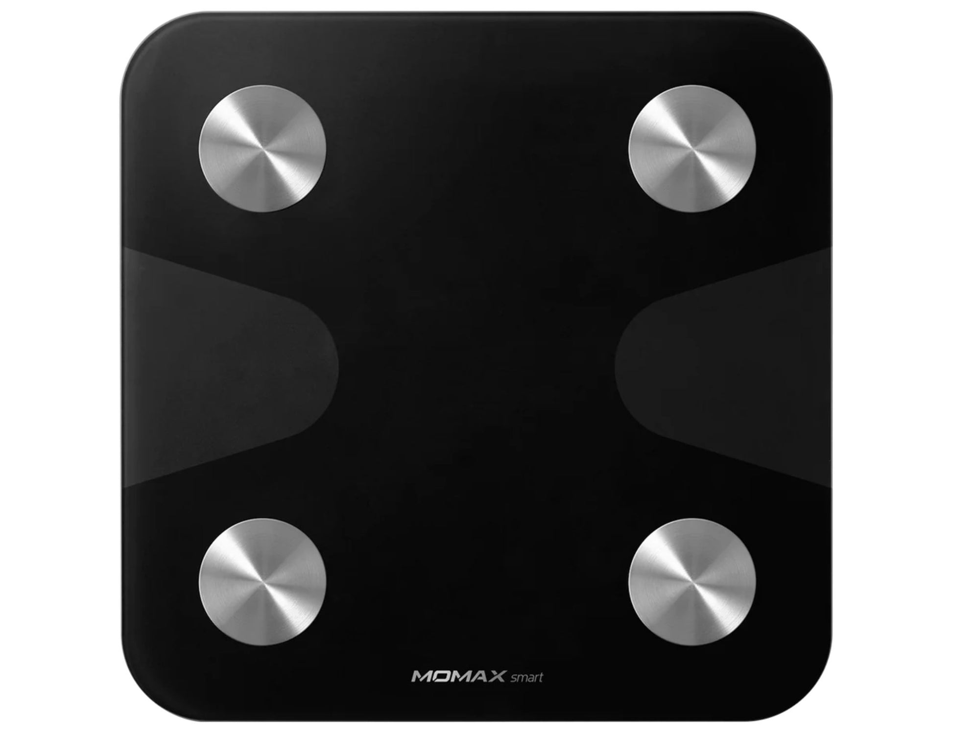 Black bathroom scale with silver measurement buttons on a white background
