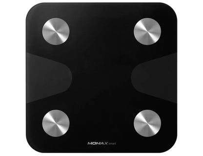 Black bathroom scale with silver measurement buttons on a white background
