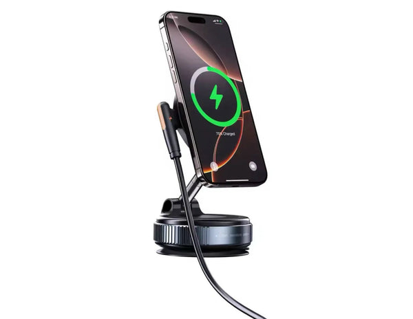 A smartphone mounted on a black wireless charging bracket with a 360 rotatable car mount.