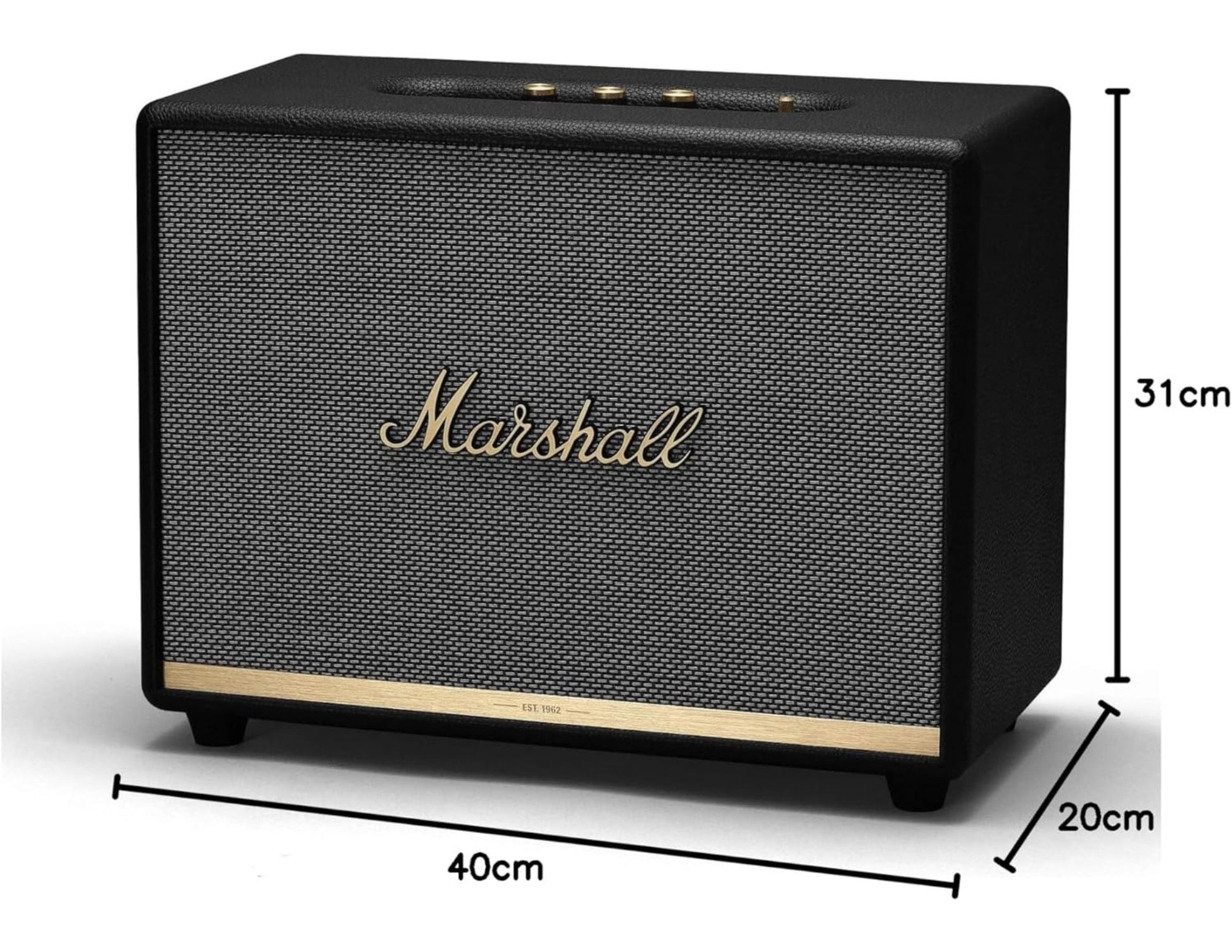 Marshall speaker with dimensions on a white background