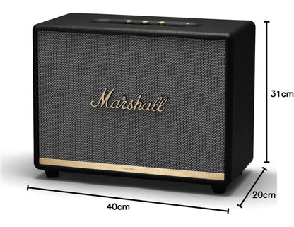 Marshall speaker with dimensions on a white background