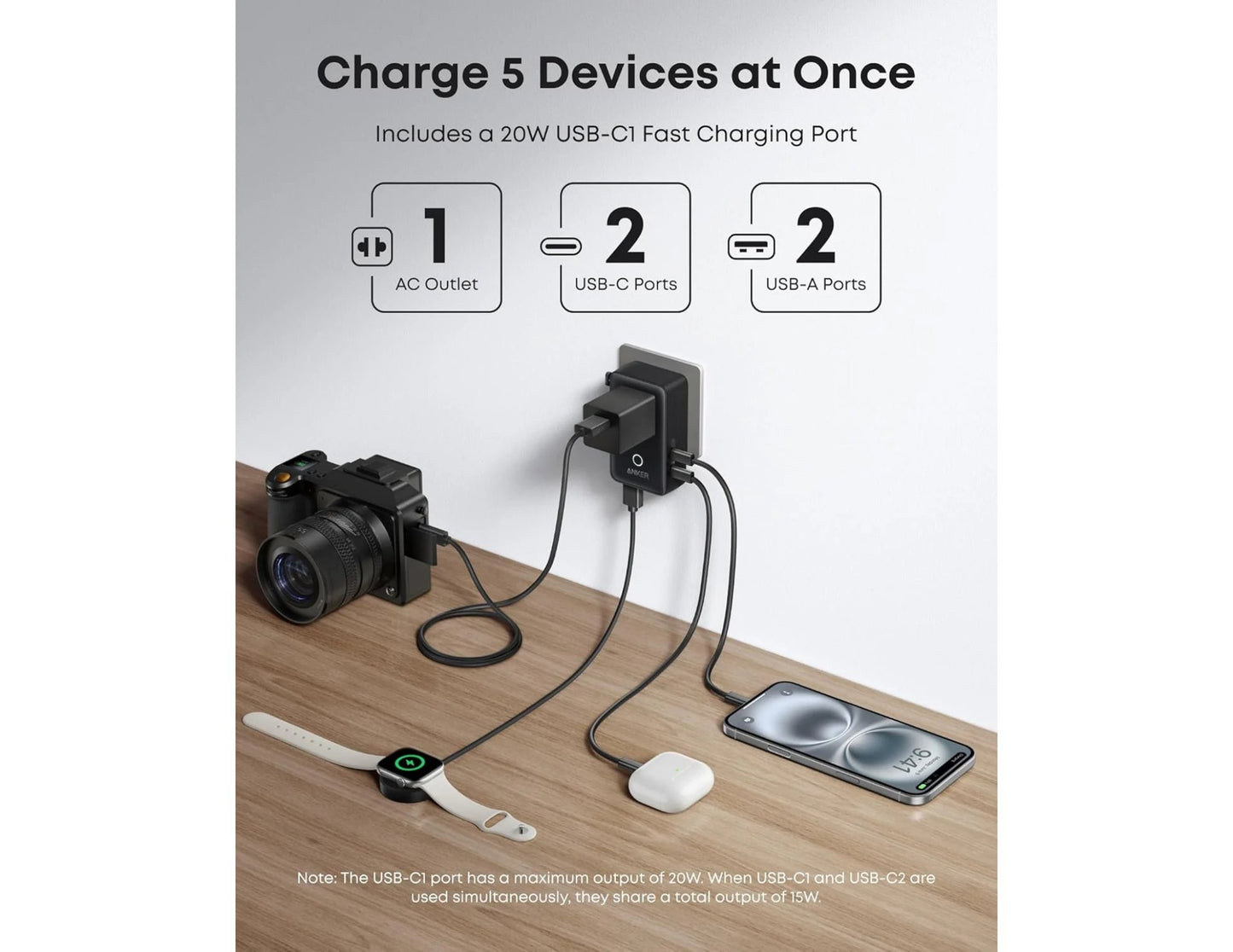 Anker Nano 5-in-1 20W Travel Adapter A9215311 with multiple devices plugged in, including a camera, smartwatch, and phone, on a wooden surface.