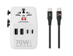 Swiss Military 70W GaN III Travel Charger with 3 USB-C PD & 2 USB-A Ports + 1M USB-C Cable – SM-TC-70W-GaN-MINI-WLD-WHI on a white background
