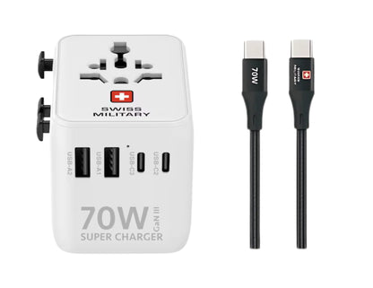 Swiss Military 70W GaN III Travel Charger with 3 USB-C PD & 2 USB-A Ports + 1M USB-C Cable – SM-TC-70W-GaN-MINI-WLD-WHI on a white background