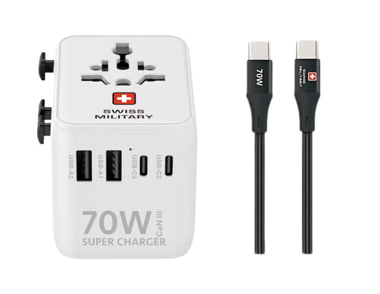 Swiss Military 70W GaN III Travel Charger with 3 USB-C PD & 2 USB-A Ports + 1M USB-C Cable – SM-TC-70W-GaN-MINI-WLD-WHI on a white background