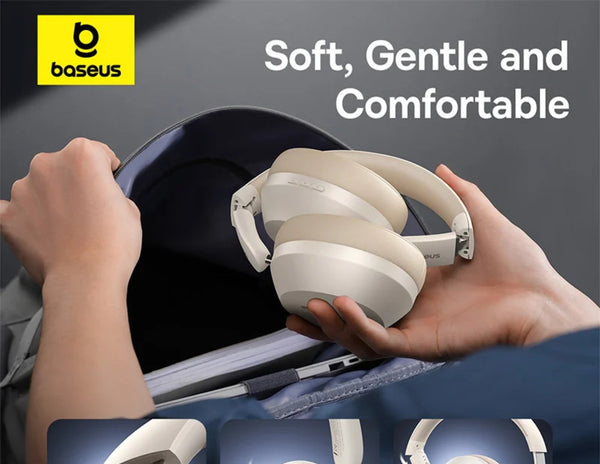 Baseus headphones being held with text 'Soft, Gentle and Comfortable' on a dark background