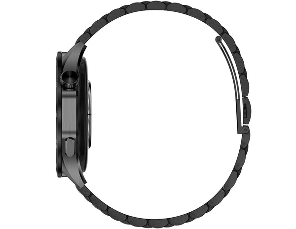 Black smartwatch with a detailed band on a white background