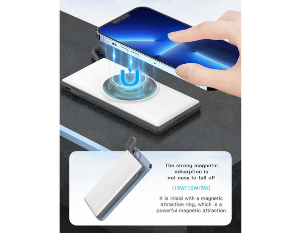 Smartphone being held above a magnetic charging pad with text on a white background