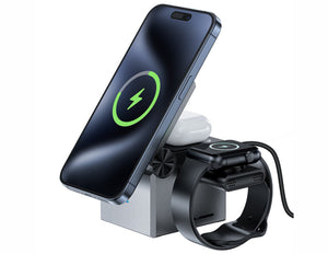 Multi-device charging station with smartphone, smartwatch, and wireless earbuds on a white background