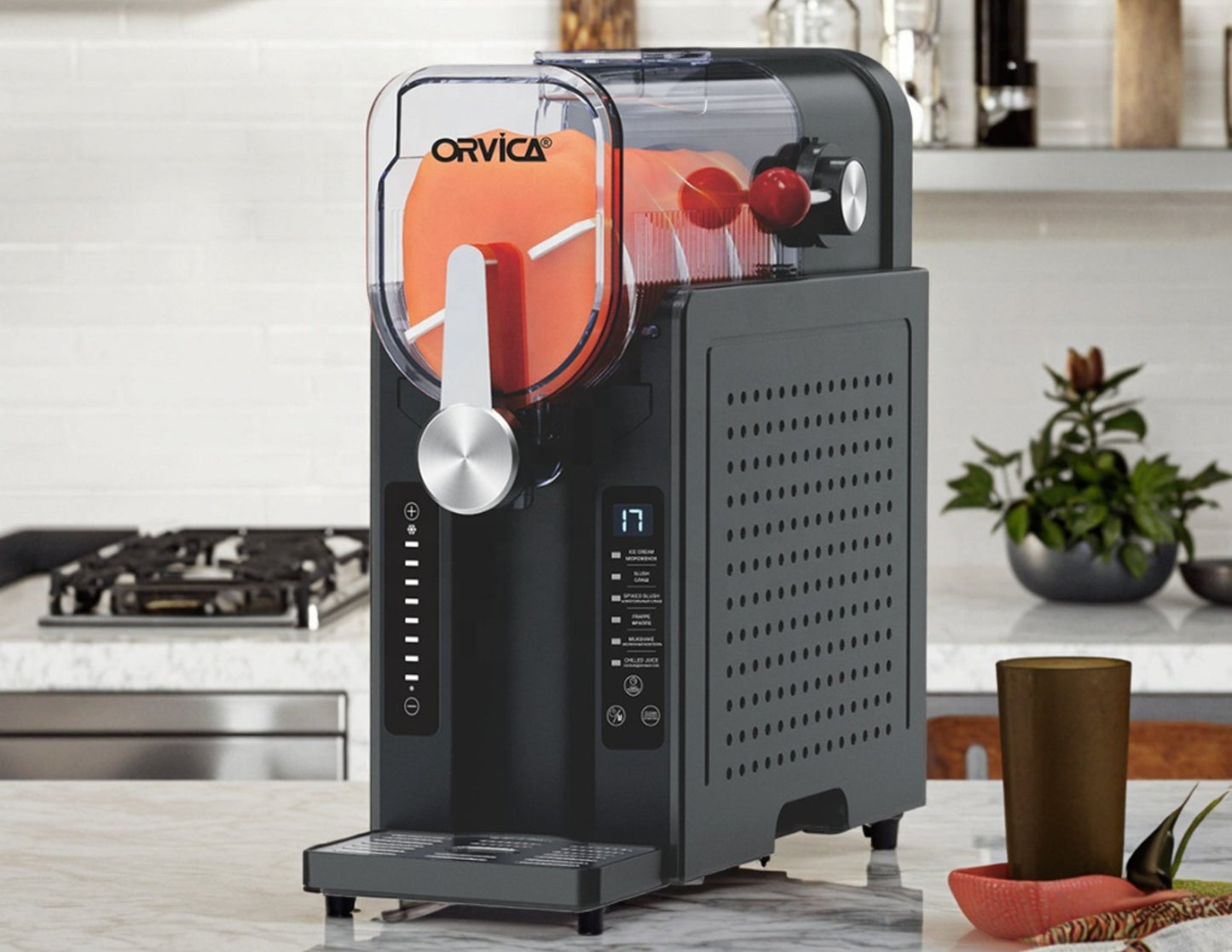 ORVICA Slushie Machine ORM-240B 2000W on a kitchen counter with a modern decor background