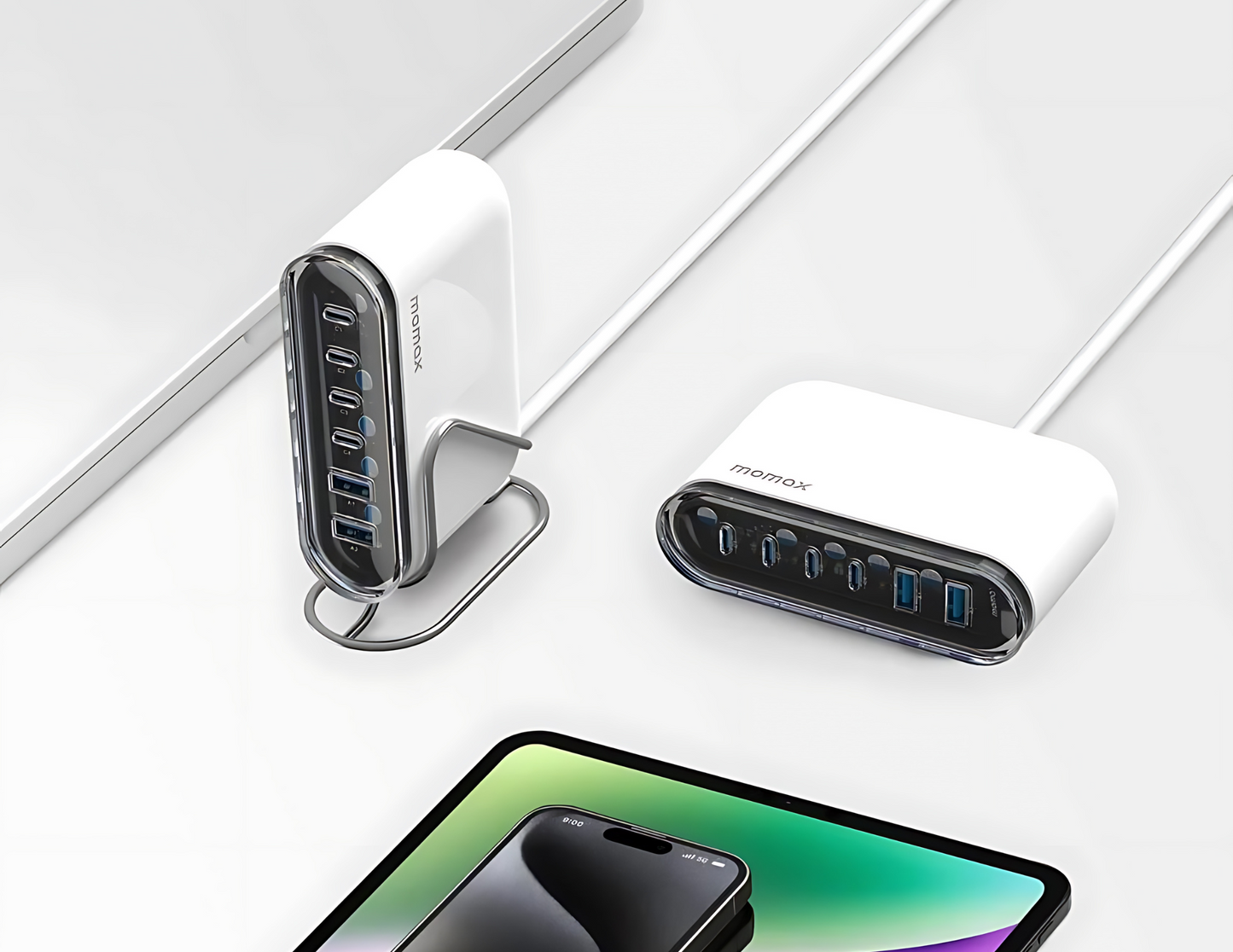 شاحن Momax 1-Charge Flow+ 6-Port GaN لسطح المكتب بقوة 120 وات ومنفذ USB-C وUSB-A