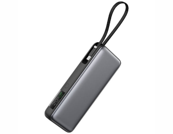 Gray power bank with a black strap on a white background