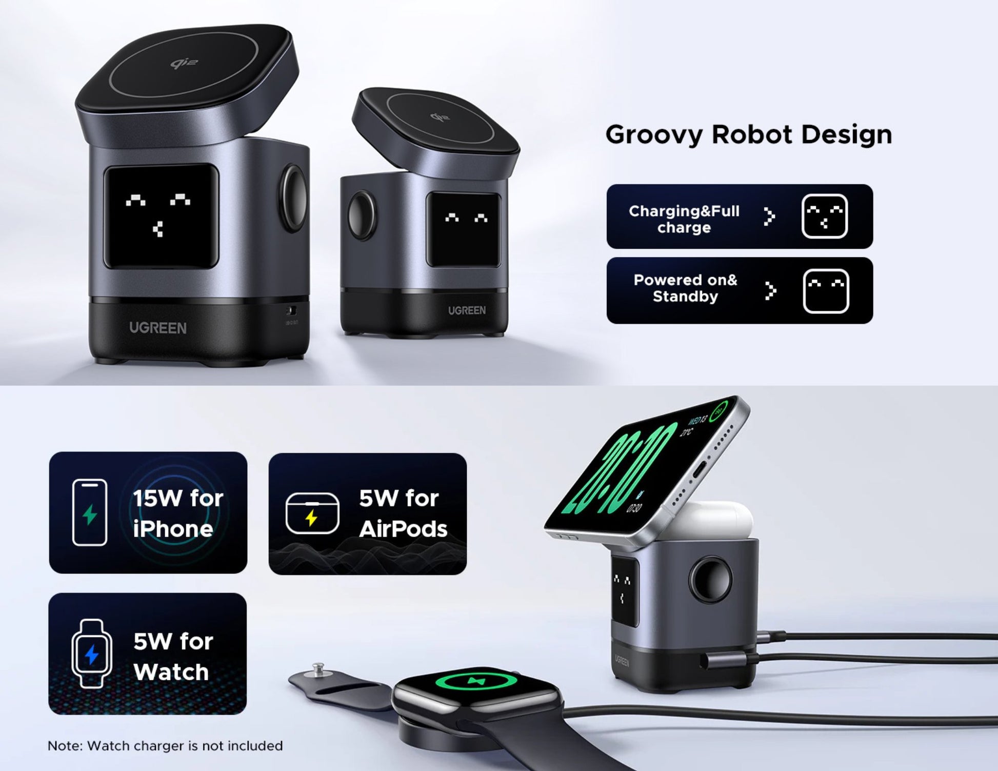 Two UGREEN Uno 2-in-1 Magnetic Wireless Charging Station – W709 with a smartphone and smartwatch on a light gray background.
