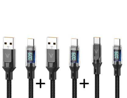 Set of USB cables with digital displays on a white background