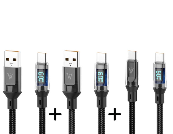 Set of USB cables with digital displays on a white background
