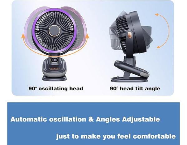 Two portable fans with adjustable features on a blue background