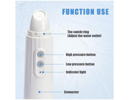 Moxedo Portable Travel Bidet MX-PTB001 – Rechargeable Electric Sprayer with labeled buttons and features on a light blue background