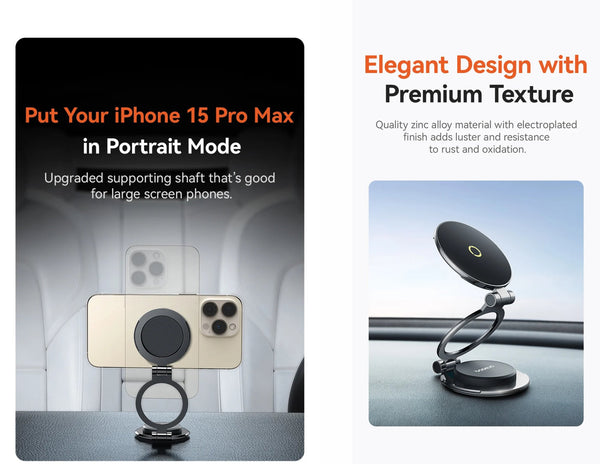 Phone holder with text on a black background and product image on a gray background