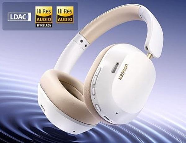 White and beige headphones with Ugreen branding on a blue gradient background