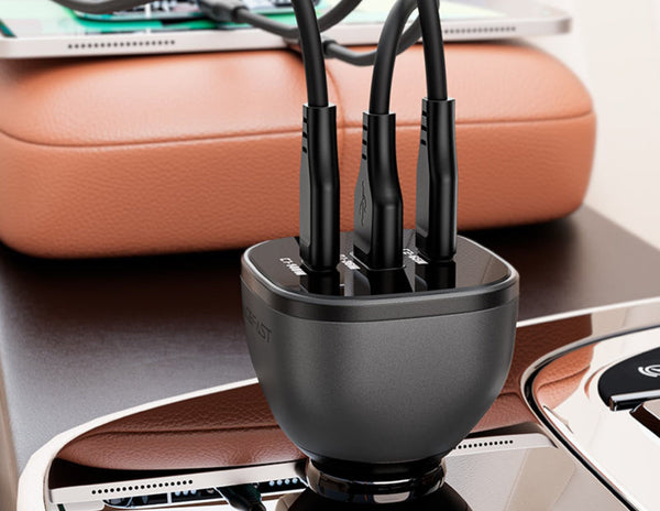 Car charger with multiple ports on a car dashboard