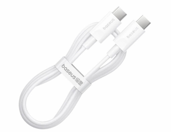 White cable with multiple connectors on a white background, featuring the Baseus brand.