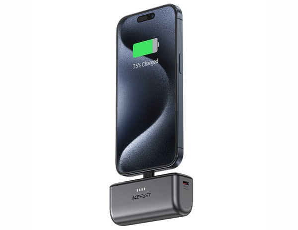 Phone with a charging case displaying '75% Charged' on a white background