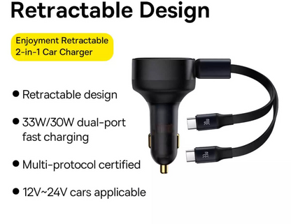 Baseus Enjoyment Retractable 2-in-1 Car Charger C+C 33W – Black