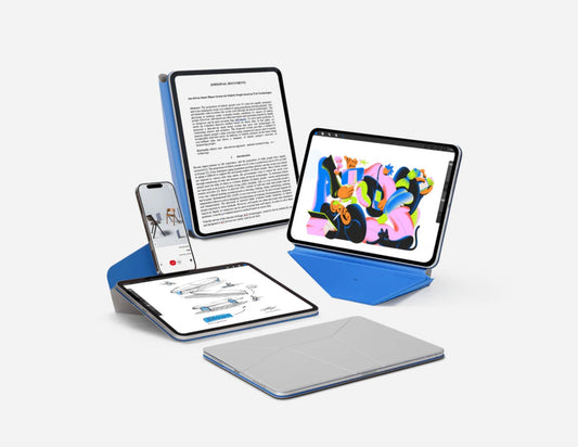 Multiple tablets with different screens with Moft Dynamic Folio Case for iPad Pro 12.9 (4–6th Gen) / iPad Air 13 (M2, M3) on a white background